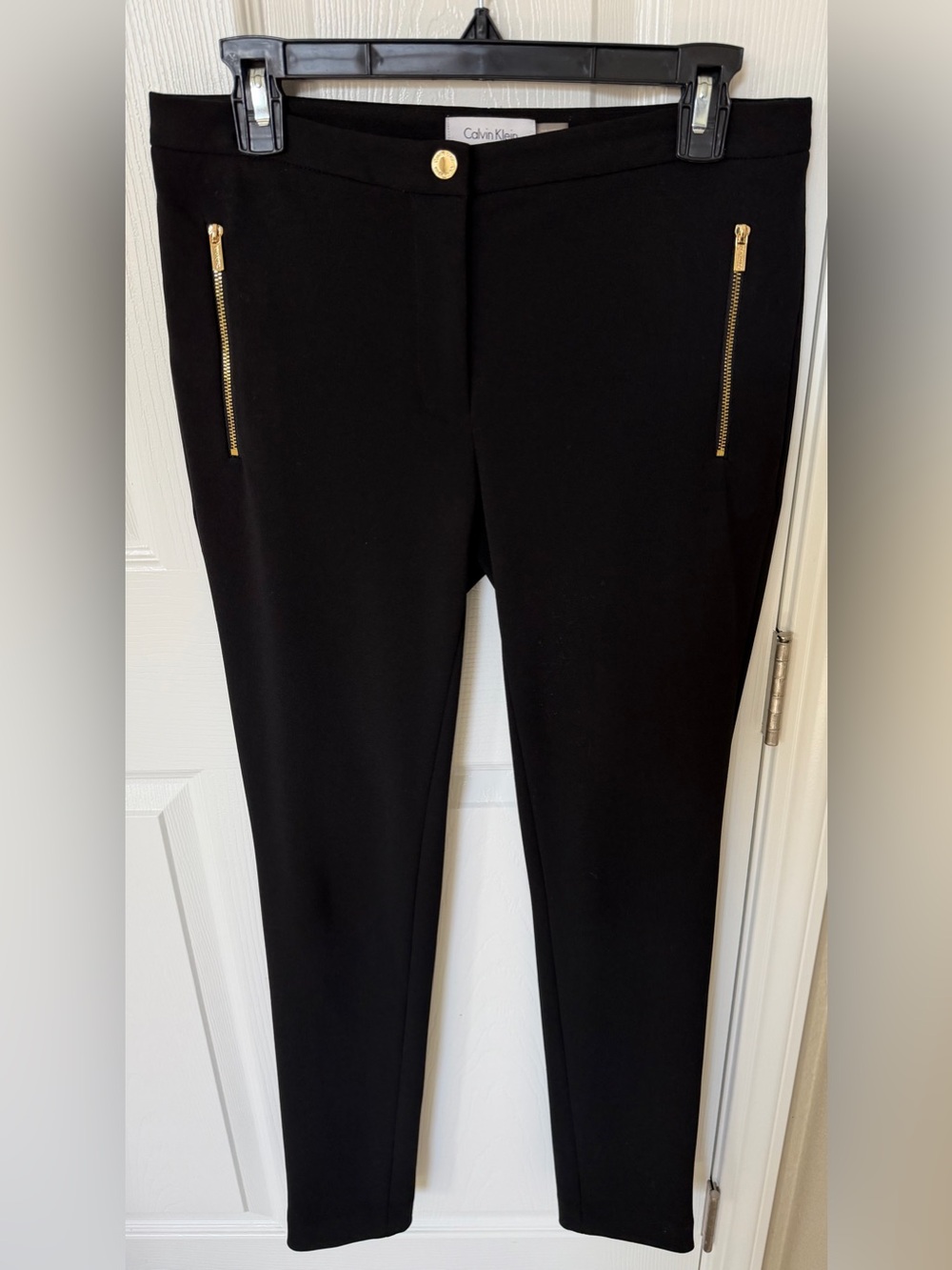 Calvin Klein Black Skinny Ponte Pants with Gold Zipper Accents